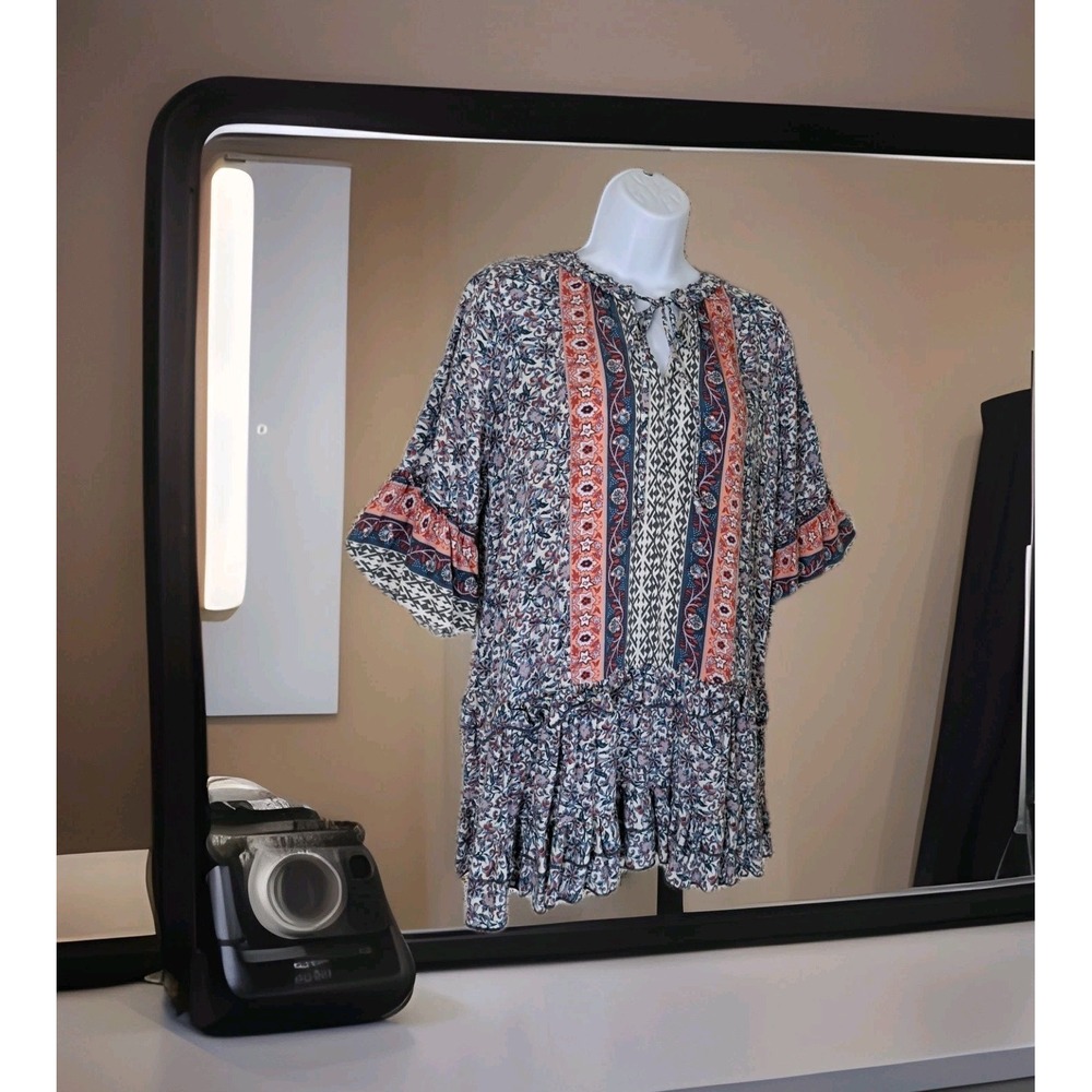 Umgee Tunic Top S Multicolor Floral Ruffled Bell Sleeves Tie Front Beachy Boho‎